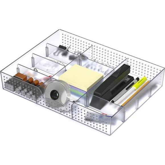 Clear Drawer Organizer Tray with Adjustable Dividers for Office Desk Storage - Picture 1 of 8